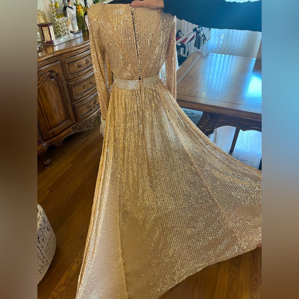 Custom Boutique GLAM gold gown. W/ delicate details